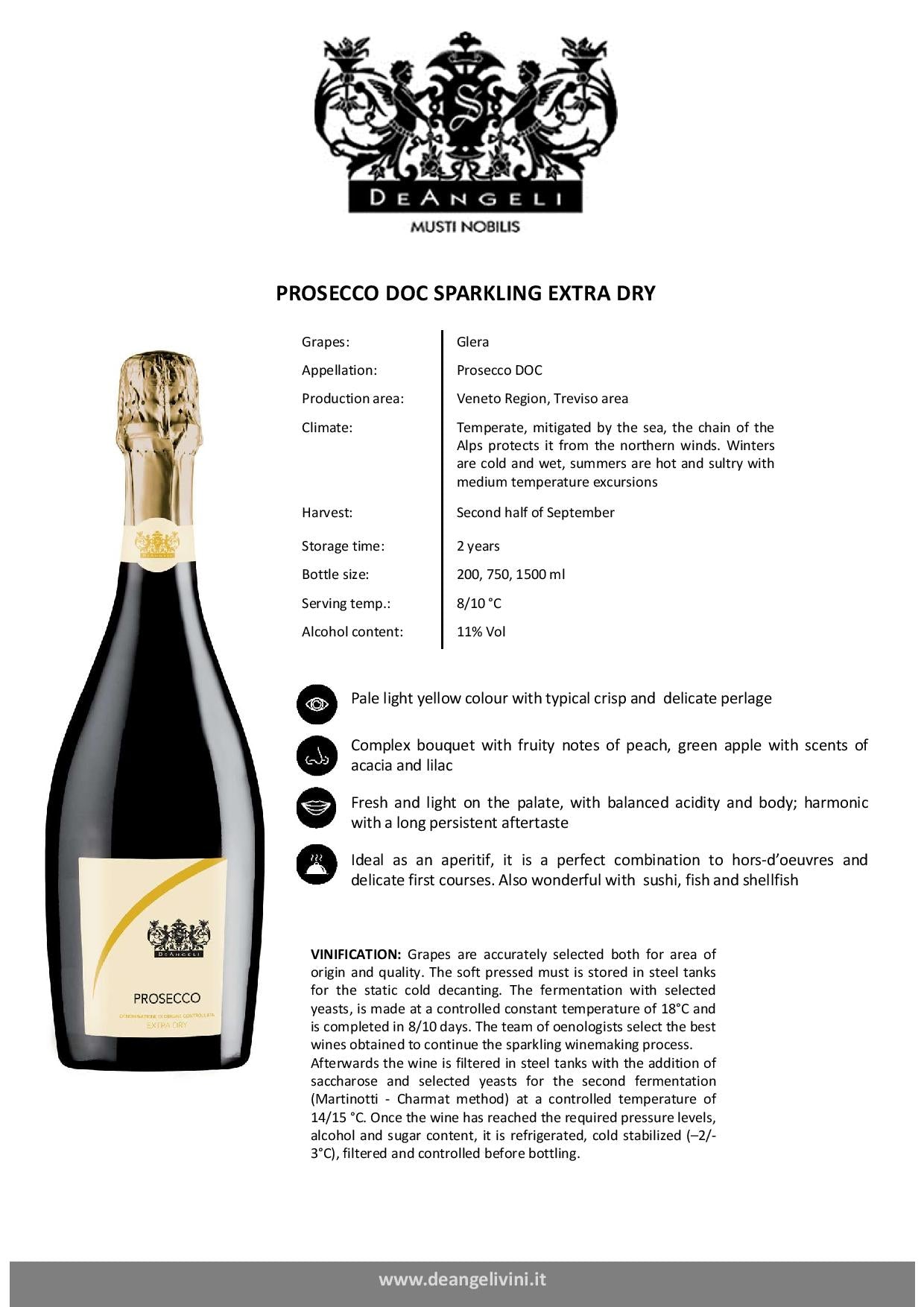 Vin Prosecco DOC Extra Dry De Angeli, 11% Alc., 6 x 0.75L
