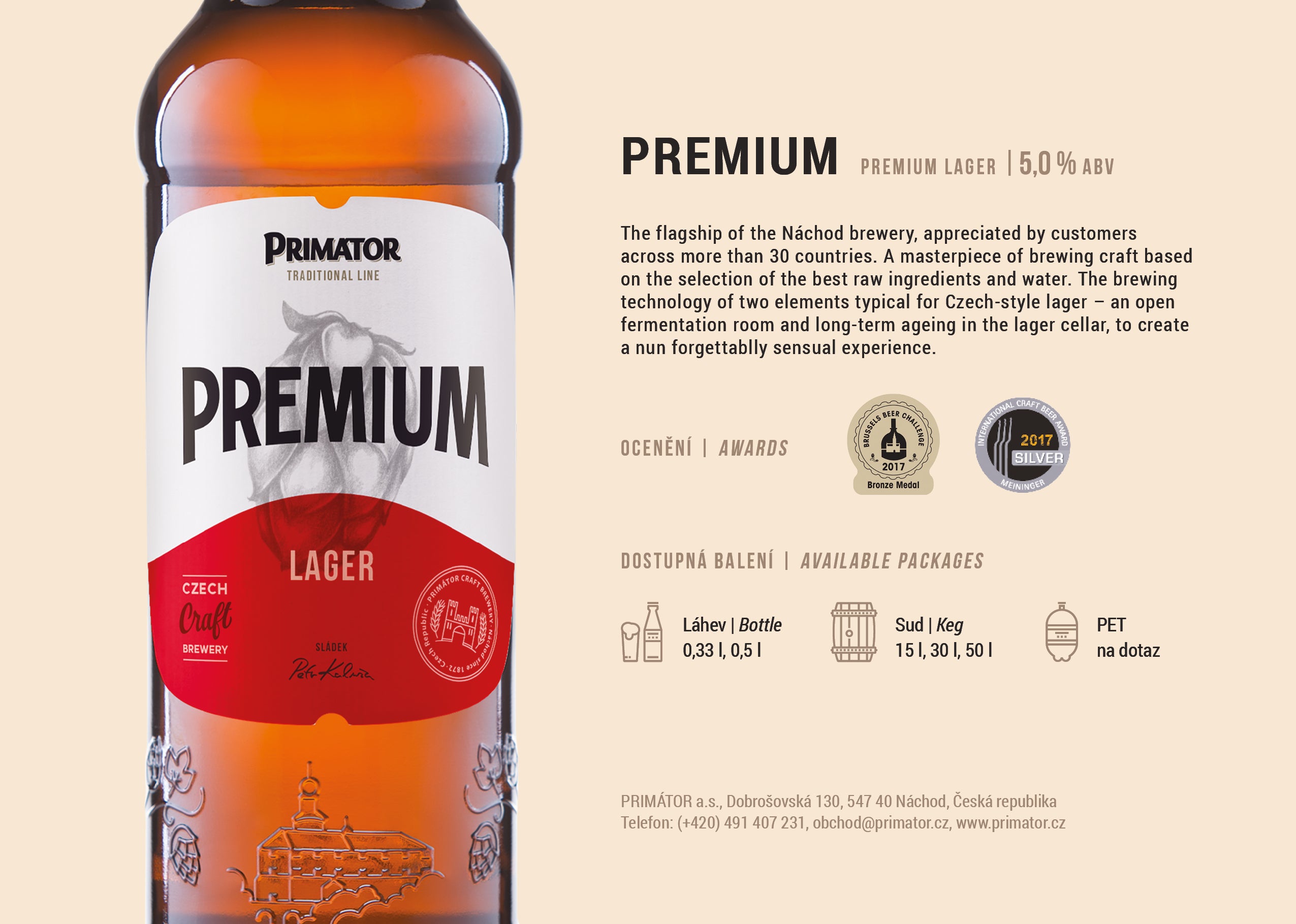 Bere Primator Premium Lager (Traditional), 5%, Sticla 0.5L, 6 bucati