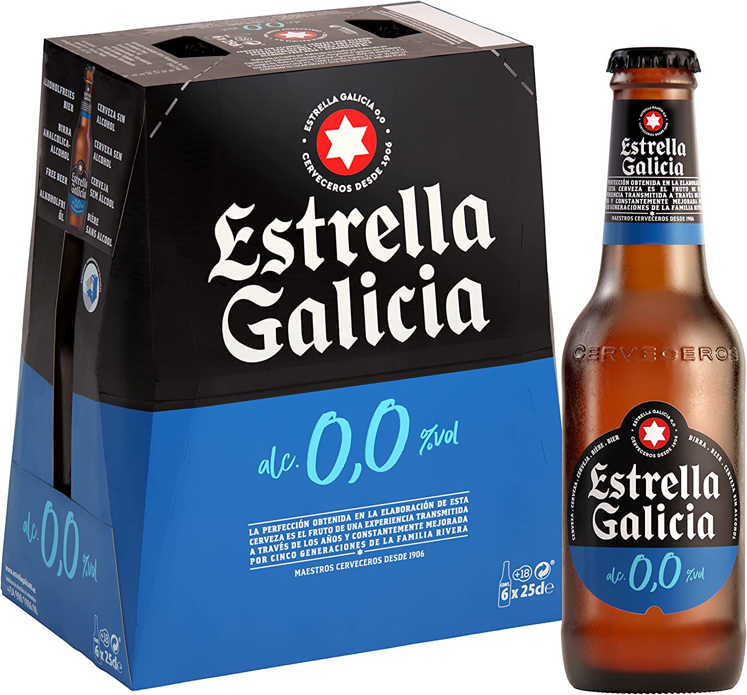 Bere fara alcool Estrella Galicia, 0.0%, Sticla 0.33L, 6 bucati